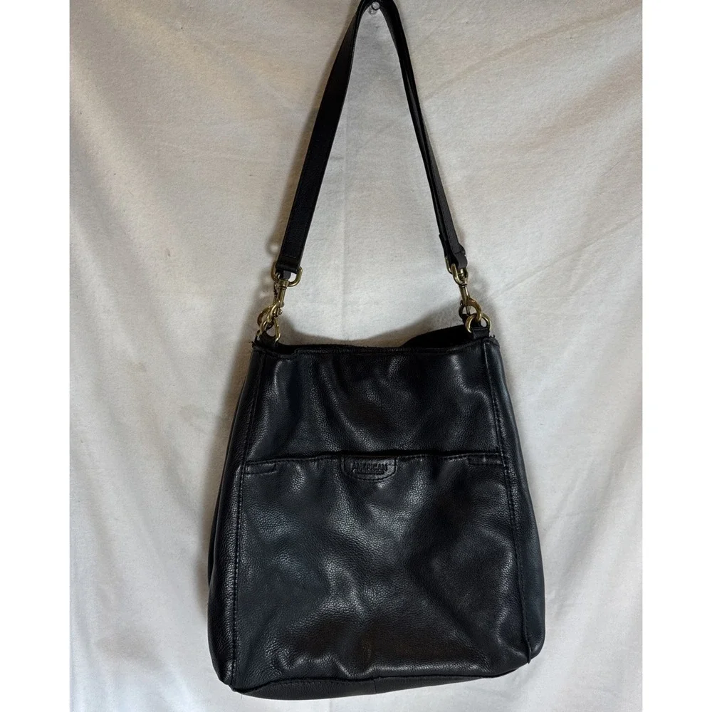 American Leather Co Soft Leather Shoulder Bag Purse Black Hobo Tote Brass Snaps
